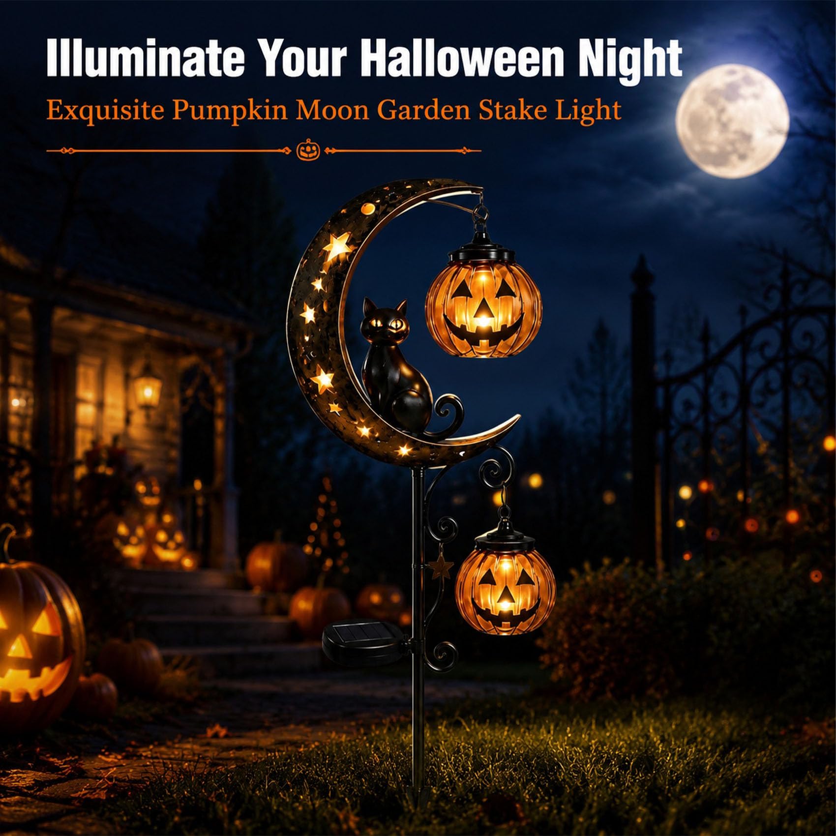 Solar Halloween Black Cat & Pumpkin Moon Garden Stake Light, Iron Waterproof Yard Decor for Walkway, Lawn, Patio and Porch (#C)