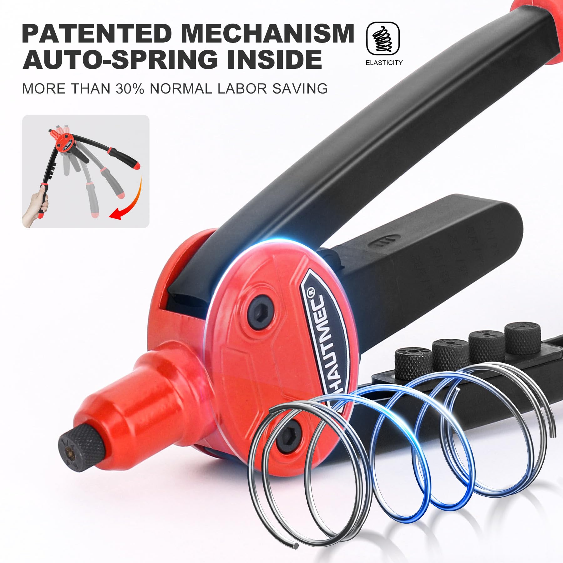 HAUTMEC Rivet Gun with Automatic Rebound Labor-Saving Design, 13" Pop Rivet Tool with 5 Tool-Free Interchangeable Nosepieces - Image 3