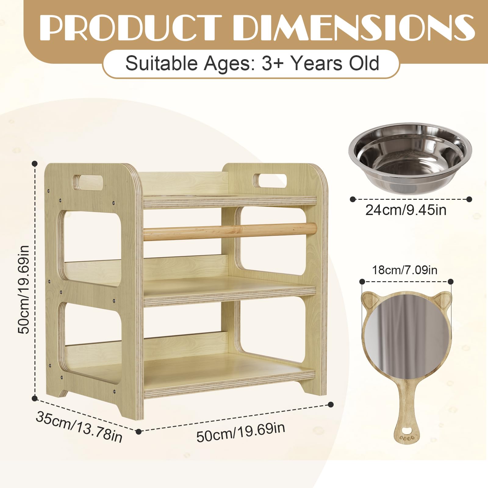 MSFE Lavabo Montessori con Espejo de Oso,Reloj de Arena,Toalla y Cesta,Marco de Lavabo Infantil de Madera para Ayudar al Niño a Experimentar la Higiene Personal e Autonomía con Diversión,35*50*50CM