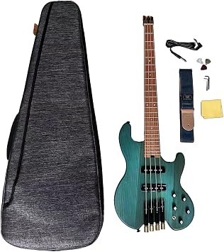 4 String Headless Bass Guitar with ASH Body and Roasted Maple Neck,Solid Body Electric Bass Guitar Active Pickup Rounded Frets for Rock, Blues, Heavy Metal and Jazz Music blue