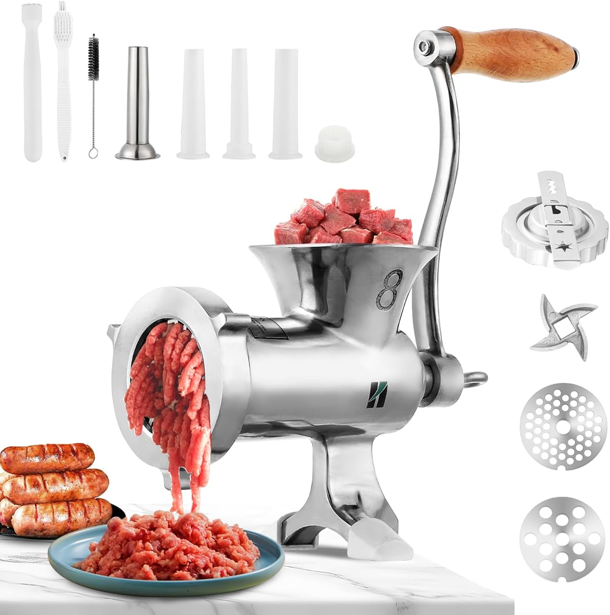 Huanyu Picadora de carne manual de acero inoxidable con embutidor de salchichas y accesorio para galletas. Picadora de carne manual apta para lavavajillas (n.º 8)