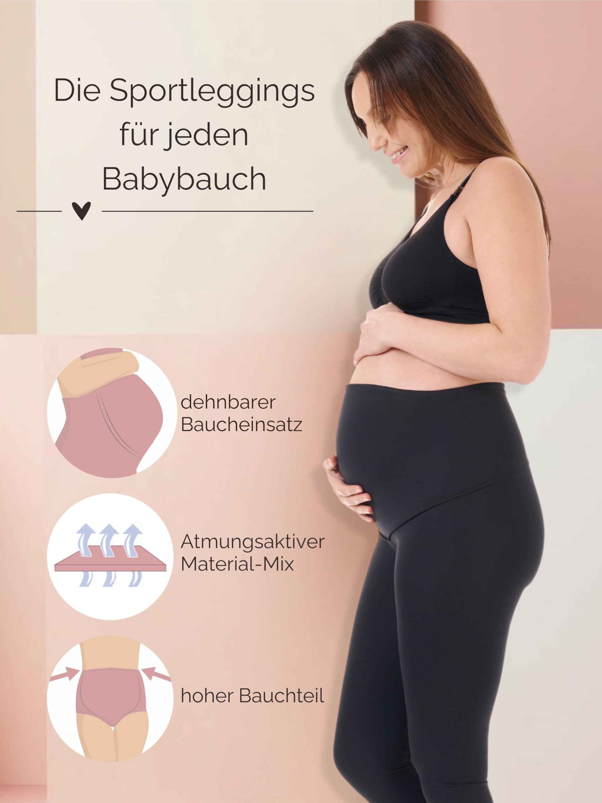 Herzmutter Umstandsleggings Sport Blickdicht - High Waist - Schwangerschafts-Sportleggings - doppellagiger Bauchteil zum Umklappen - 8300