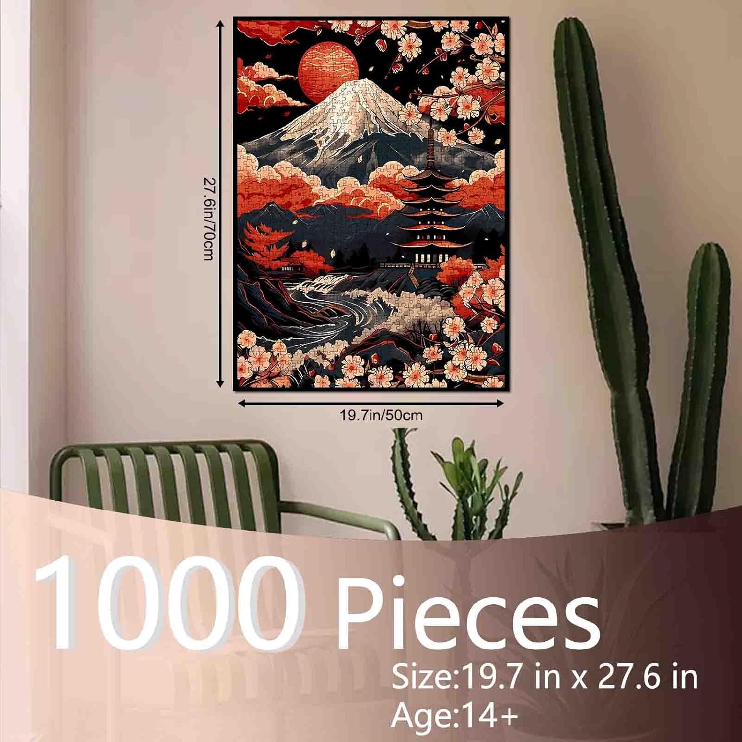 Japanese Mount Fuji Cherry Blossoms Jigsaw Puzzles for Adults 1000 Pieces,Red Sky Clouds Puzzle Art 20 x 27 Inch Colorful DIY Puzzles for Home Decoration,Perfect for Family Game Nights Gift Idea