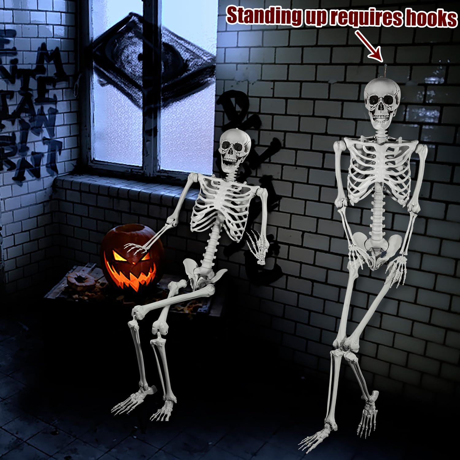 165cm Halloween Esqueleto de plástico Esqueleto Humano de tamaño Natural con Las articulaciones móviles para la decoración de la Fiesta de Halloween, 2 Piezas