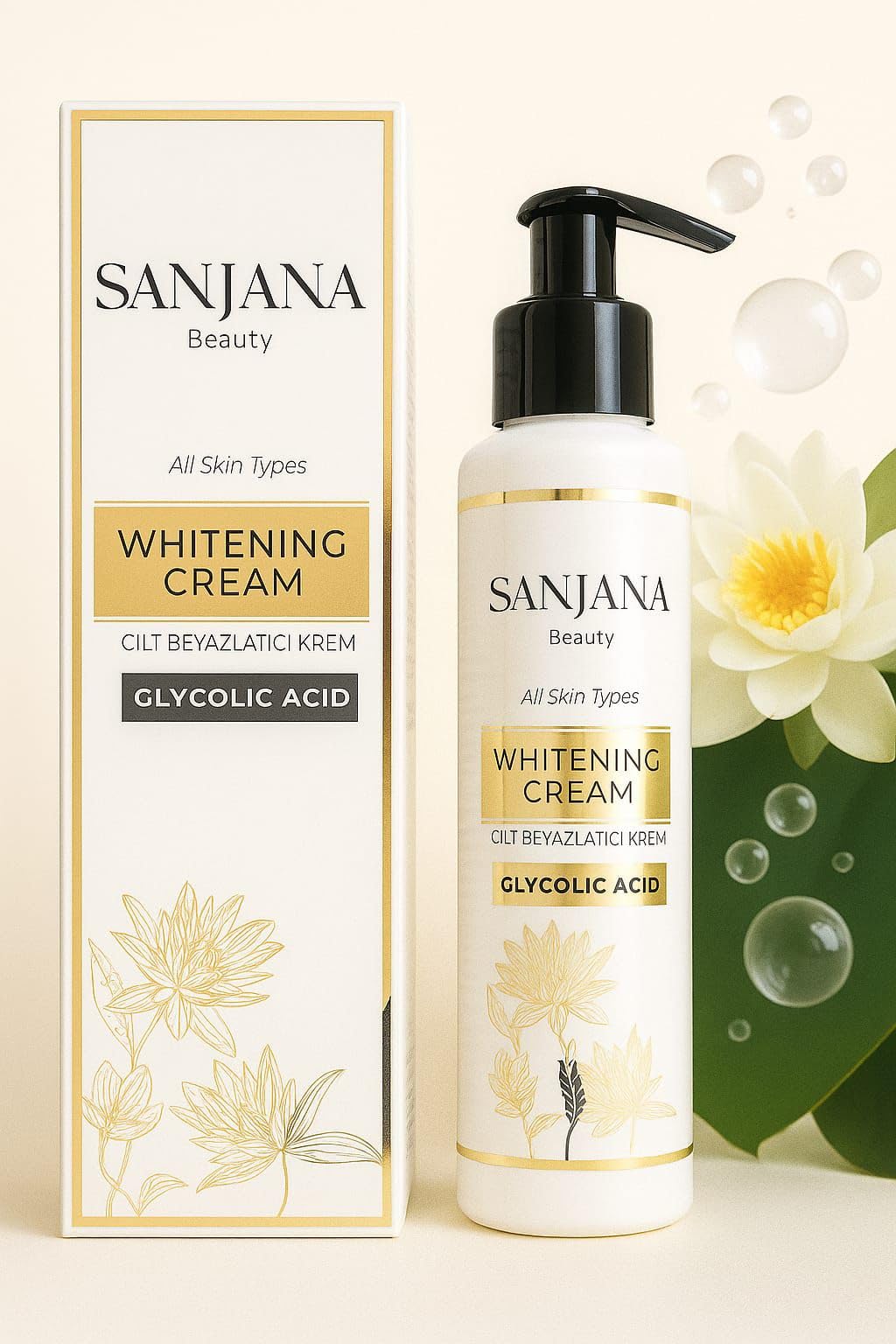Sanjana Beauty Cilt Beyazlatıcı Krem,Glikolik Asitli Beyazlatıcı Krem,Tüm Cilt Tiplerine Uygun 125 ml