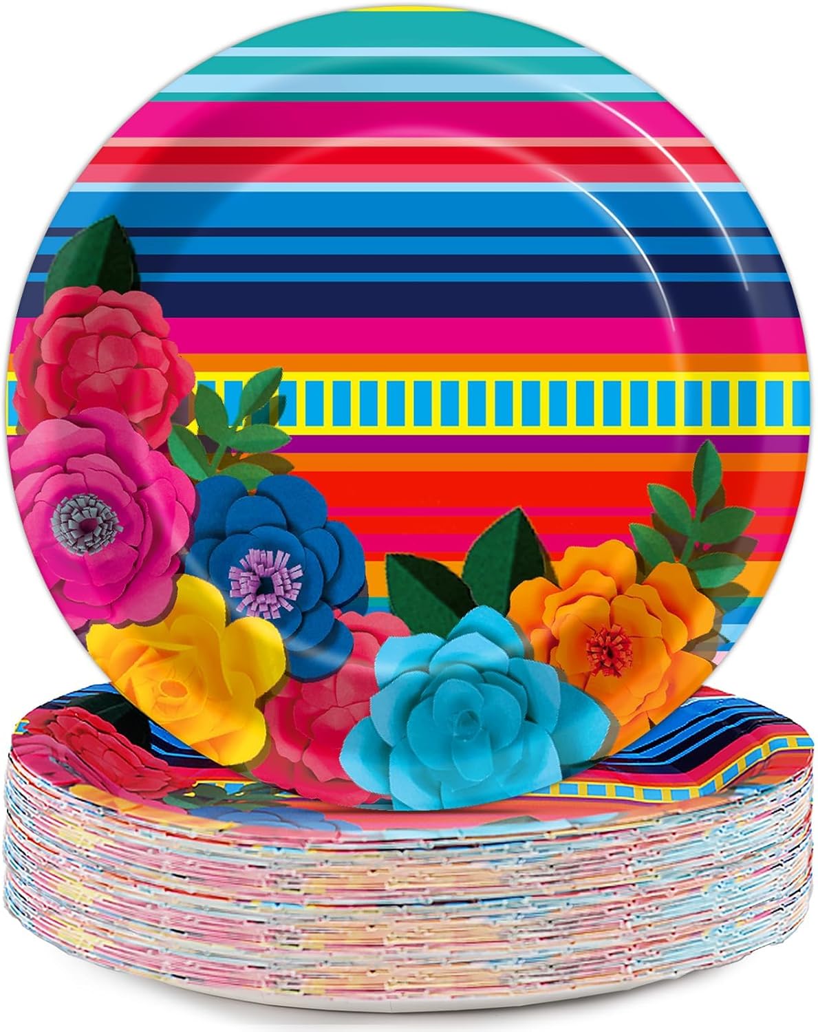 50Pcs Mexican Fiesta Paper Plates 7" Stripes Mexico Party Disposable Mexican Floral Platos Tableware for Mayo Fiestas Dessert Pinata Mexico Taco Colorful Ponchos Party Decoration Supplies