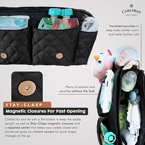 Miniatura 4 de Elegante organizador universal de nailon acolchado negro para cochecito, portavasos y bolsa aislada para botellas, 3 opciones de correa incluidas,