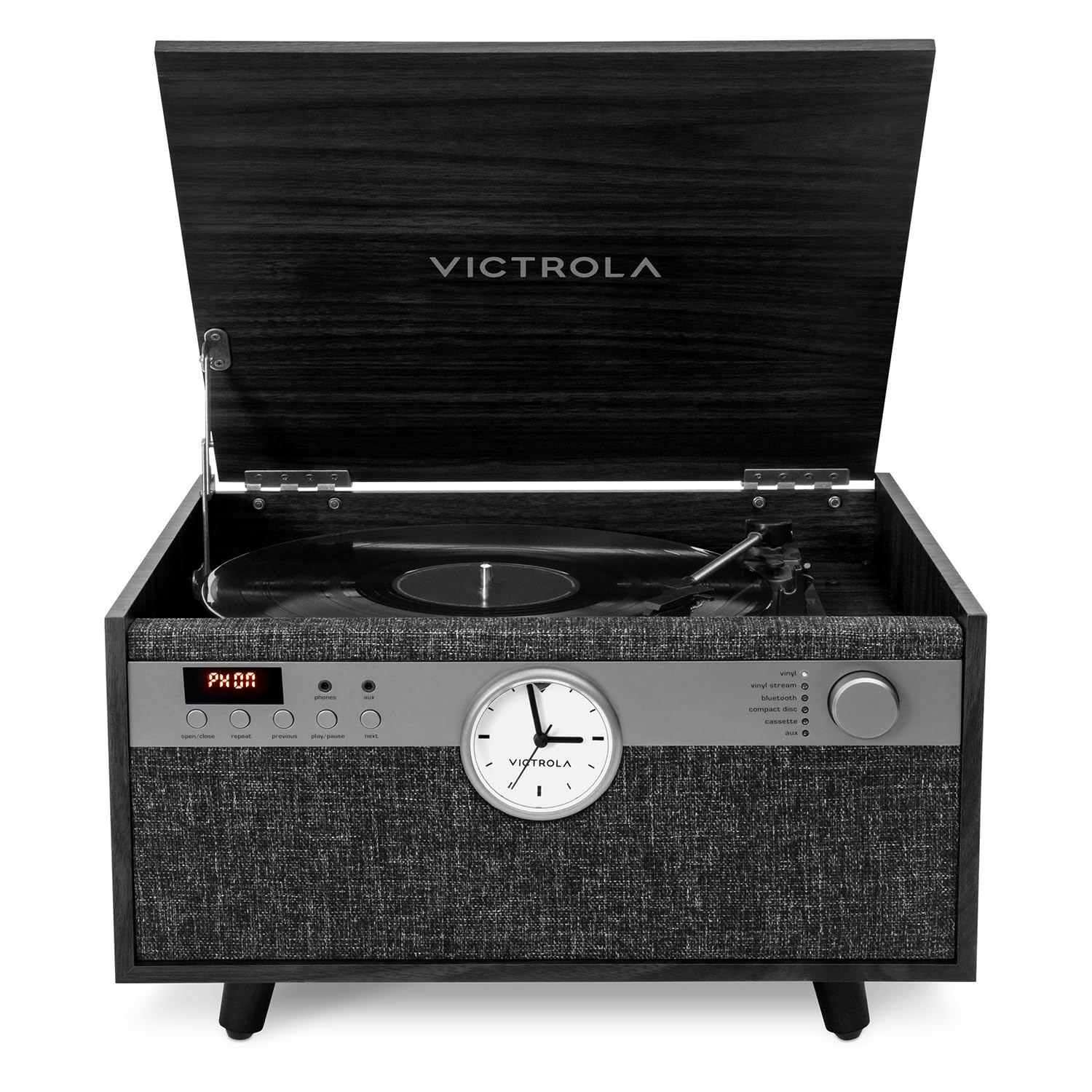 Victrola Century Signature+ Centre de Musique Bluetooth 6 en 1 avec Horloge Noir
