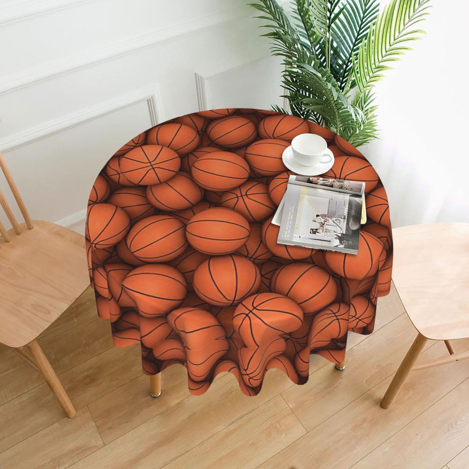 SDEGTHO Basketball Orange Print Modern Retro Round Tablecloth 60in Polyester Fabric Cover for Party Dining Table Washable