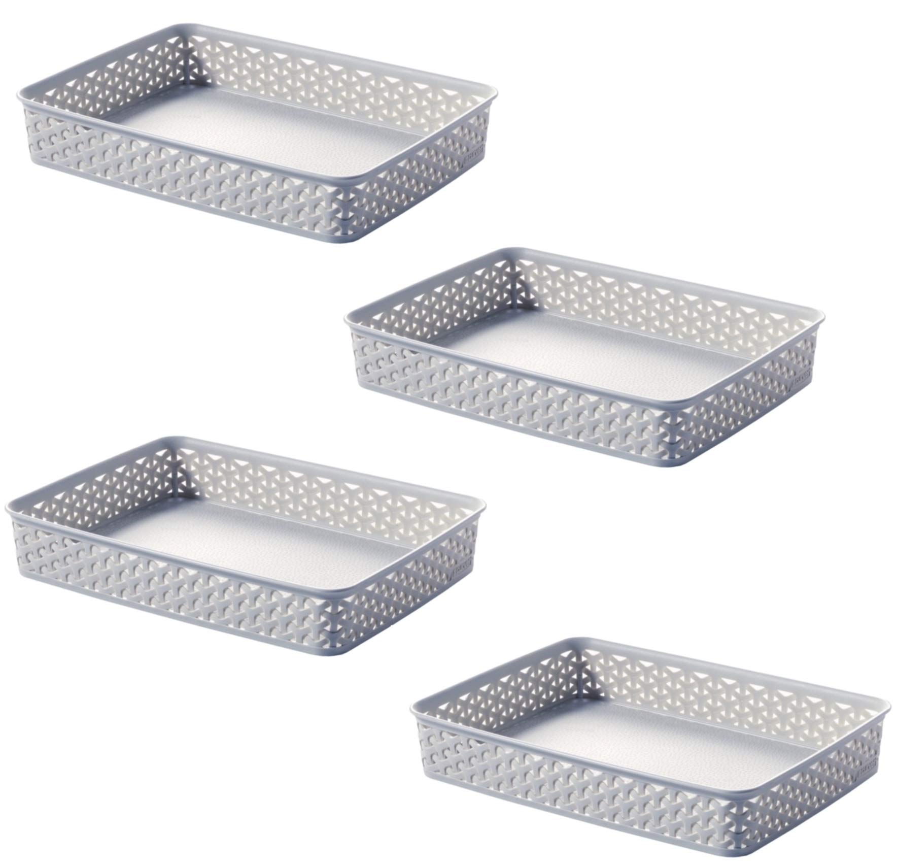 6x Curver Nestable Rattan Organiser Storage Plastic Wicker A4 Paper Tray - Grey