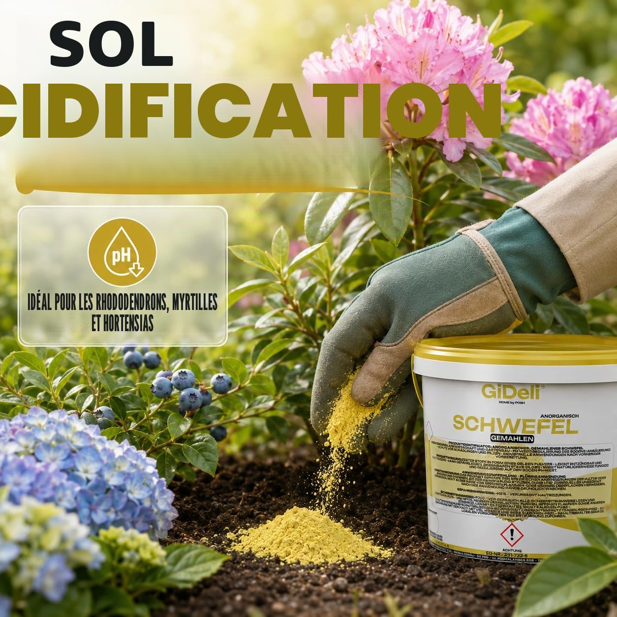 GiDeli Poudre de soufre 5 kg - Inorganique 99,9 % fine - Pour l'industrie cosmétique - Entretien du sol - Soufre dans un seau