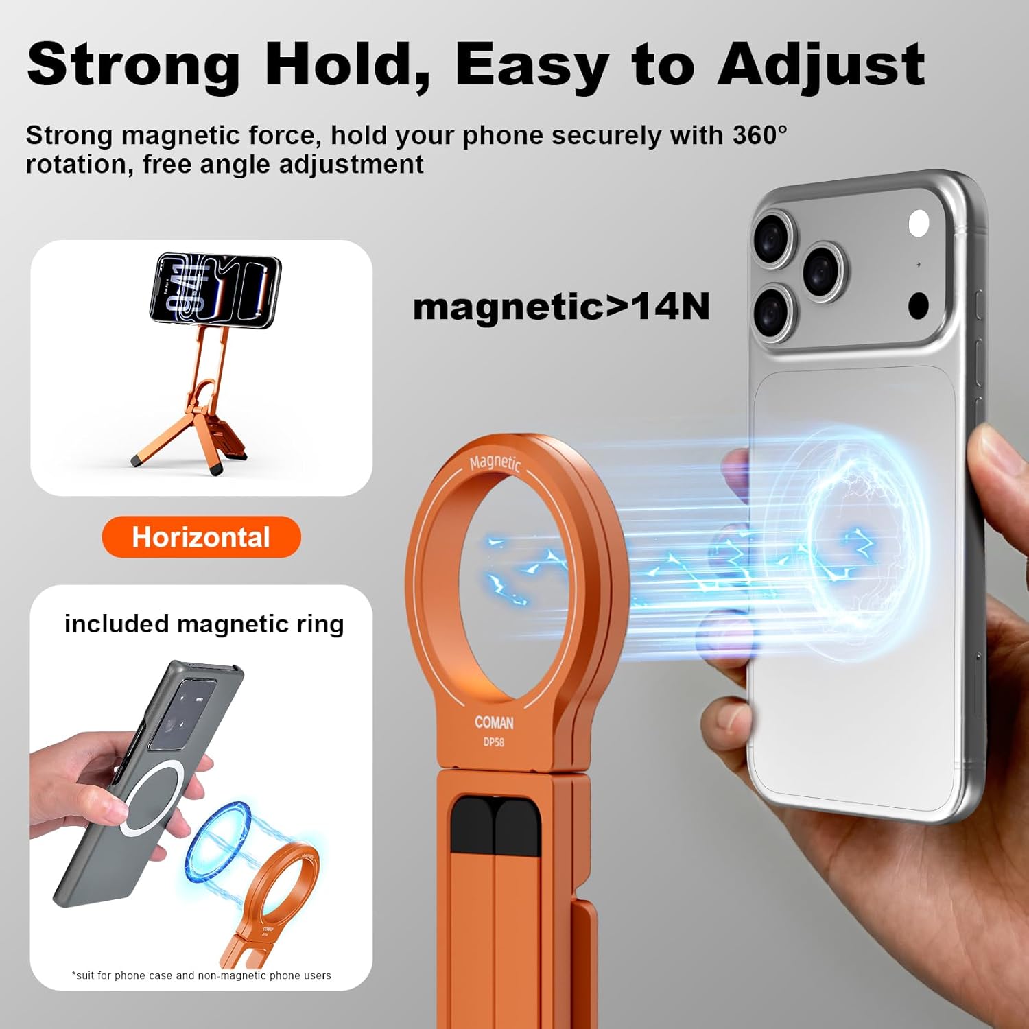 COMAN DP58 Magnetic Phone Tripod, Aluminum MagSafe Tripod Stand with Carabiner, Mini Portable Travel Pocket Stand for iPhone & Non-Magnetic Phones with Included Ring