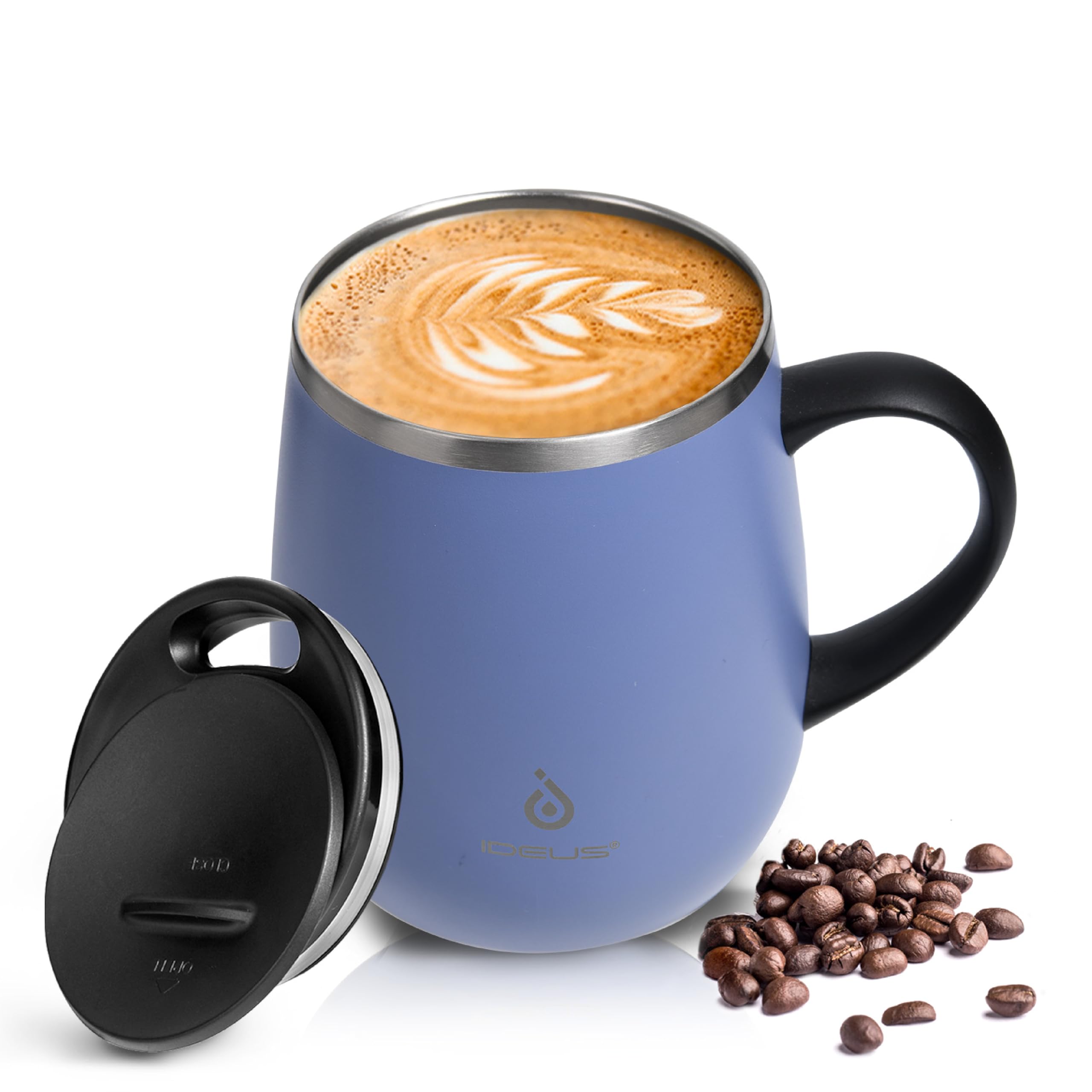 Ideus Kaffeebecher 470 ml (16 oz), doppelwandige vakuumisolierte Kaffee- und Teetasse aus Edelstahl mit rutschfestem Griff und Schiebemoduldeckel und großem Volumen (Himmelblau)