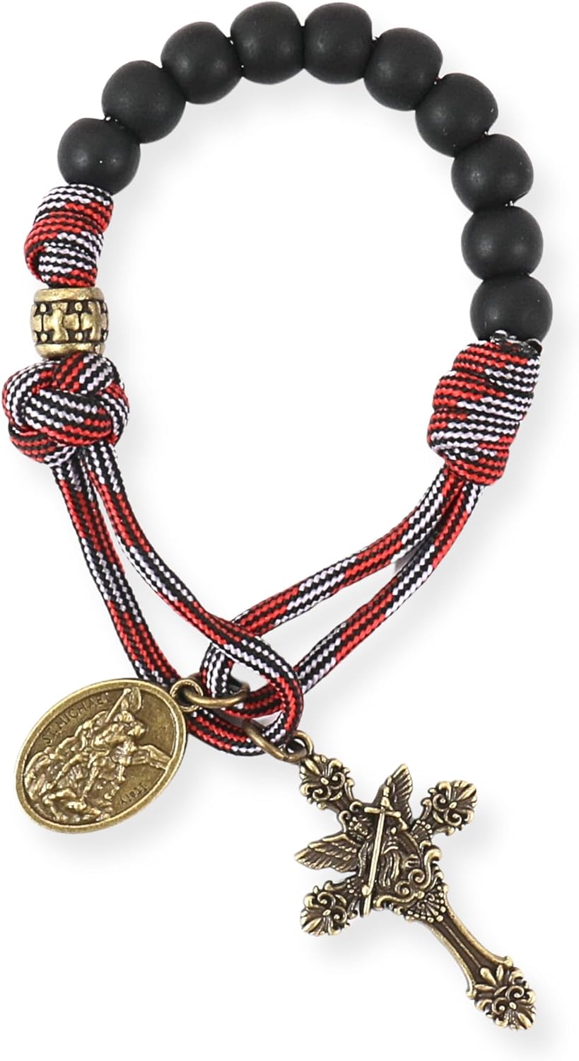 Nazareth Store Strong One Decade Paracord Rosary Black Beads Pocket Car Rosary St Michael Medal & Archangel Cross