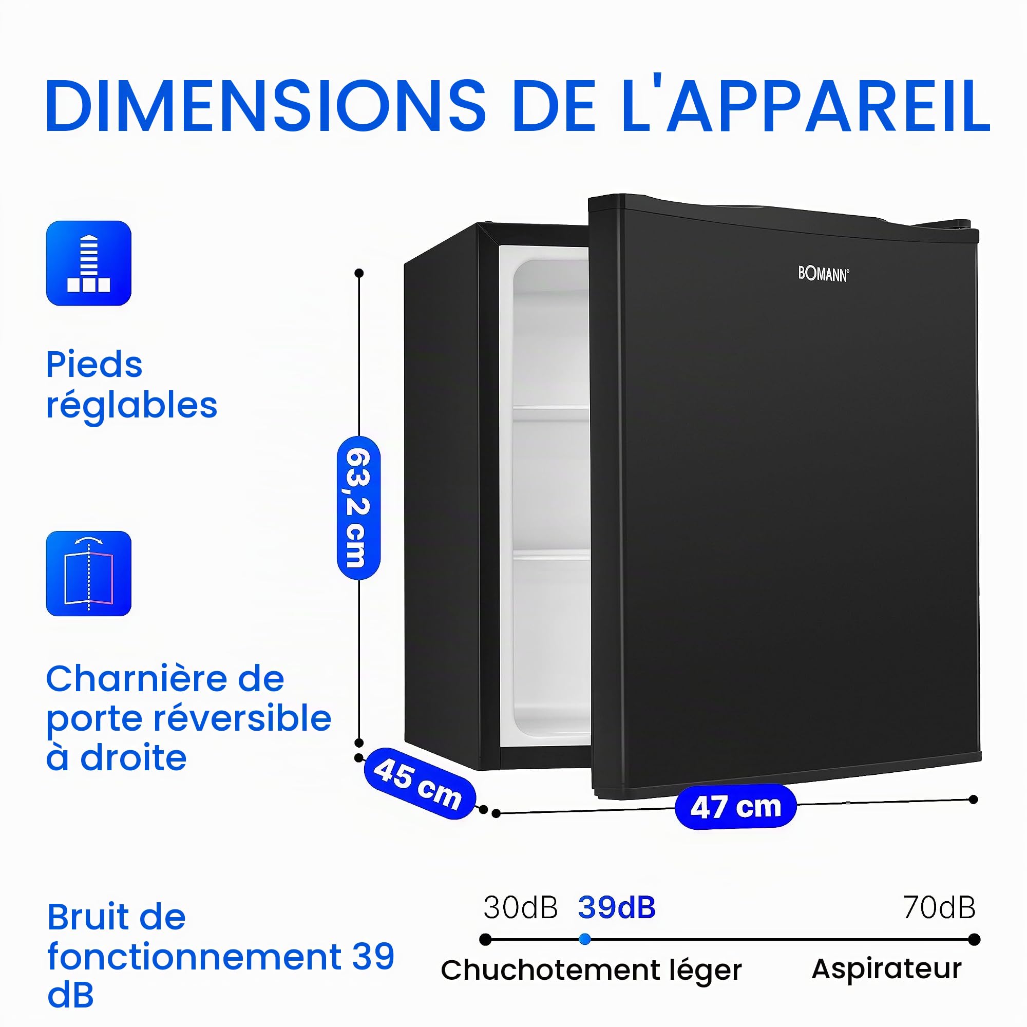 Bomann Réfrigérateur 58 L KB 7347, Réversible, Pieds Réglables, Noir | thermostat réglable, format compact, idéal studio bureau chambre, faible encombrement, éclairage intérieur