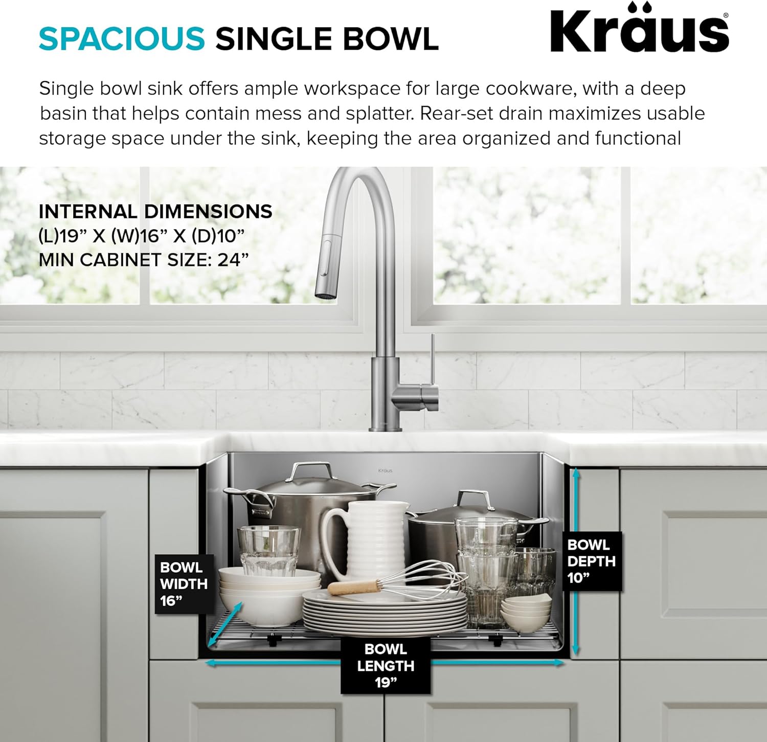 Kraus KHU101-21 Standart PRO 16 Gauge Undermount Single Bowl Set (4 Item Bundle: Sink, Bottom Grid, Drain Assembly, Kitchen Towel), 21 Inch, Stainless Steel