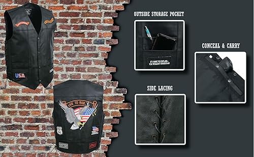 Miniatura 2 de EVENT LEATHER 6 bolsillos ELM3930 - Chaleco de cuero genuino de motocicleta para hombre, 9 parches, chalecos de motociclista con transporte oculto -