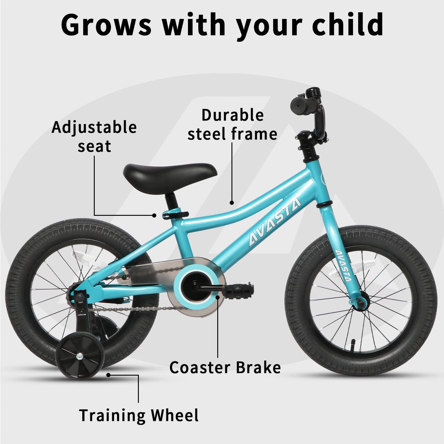 AVASTA Kids Bike highlighting adjustable seat, durable steel frame, coaster brake, and training wheels