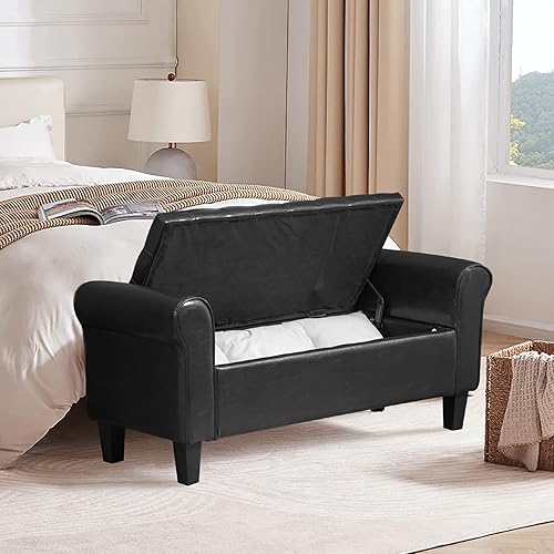 Miniatura 7 de ECOTOUGE Banco de almacenamiento para dormitorio, otomana con brazo enrollado, reposapiés tapizado de cuero rectangular para sala de estar, color