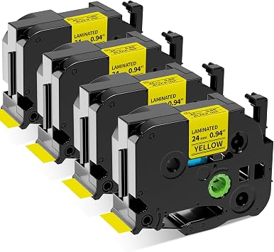 TZe-651 24mm Label Tape Replace for Brother P Touch TZe TZ Tape 24mm 0.94 Laminated Yellow TZe651 TZ651 for Ptouch PTD600 PT-D610BT PT-P710BT Label Makers, 4-Pack Black on Yellow 1 Inch