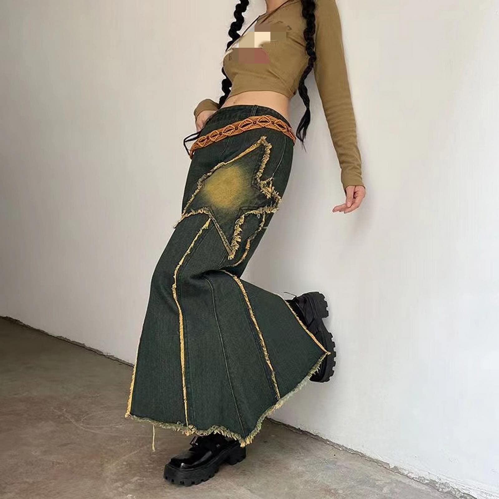 Langer Rock für Damen, Vintage, unregelmäßig, Stern, knielang, Denim, Midi-Rock, hohe Taille, gerade Maxi-Röcke, Blau / Gelb, 44