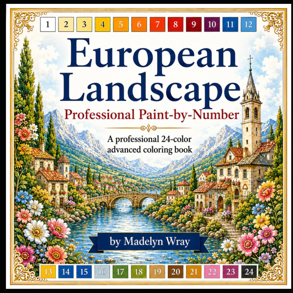 European Landscape Professional Paint-by-Number: A Very Hard 50-Color Advanced Coloring Book of Beautiful European Villages, Castles, Rivers, Mountains, and Coastal Landscapes