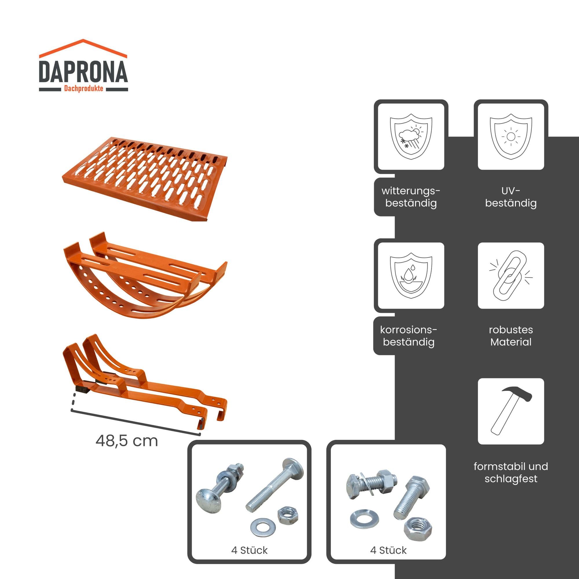 Laufrost Set für gewellte Dachziegel 60cm, Dachtritte für Schornsteinfeger Ziegelrot, inkl. Montagematerial für sichere Dachbegehung