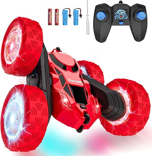 Vista 106 de Auto de control remoto para niños, auto de acrobacias RC giratorio de 360°, vehículo eléctrico 4WD de doble cara con luces LED, autos de juguete
