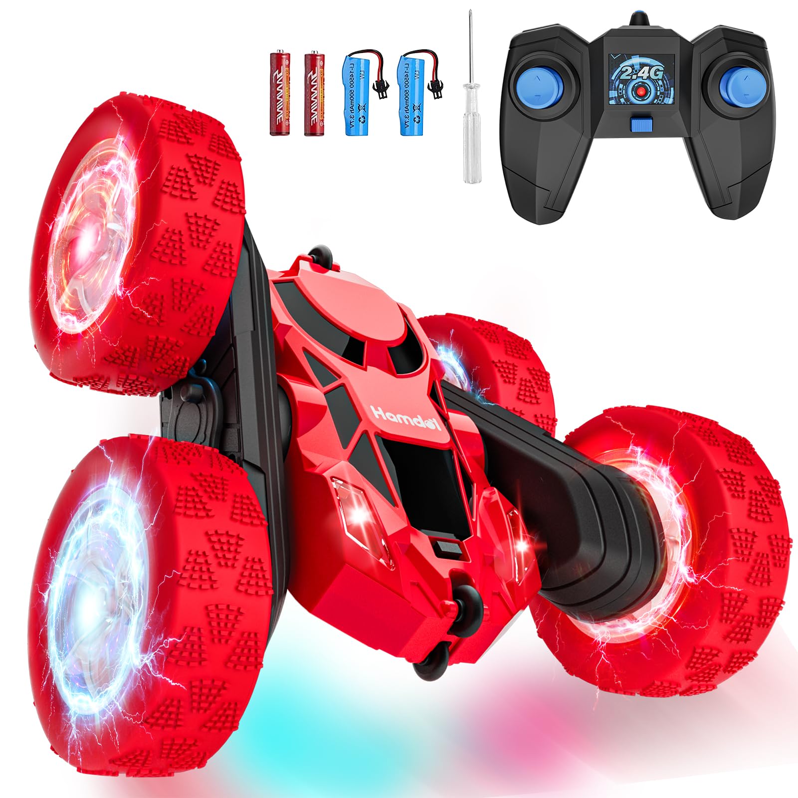 Hamdol Remote Control Car for Kids Ages 6-12, 4WD RC Stunt Car with LED Lights & 360° Flips, 2.4GHz Fast Electric Toy Vehicle, Upgraded Battery, Birthday for Boys Ages 8-10
