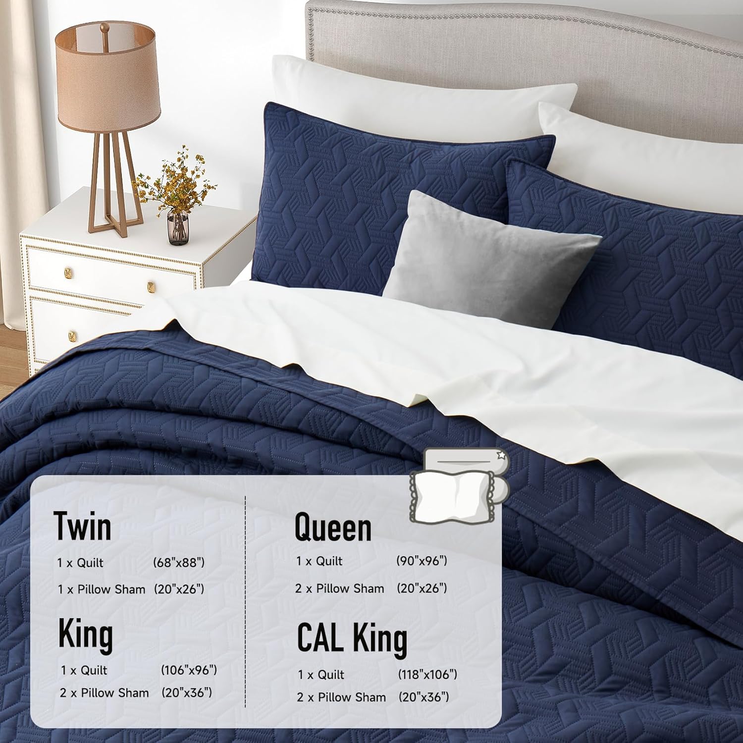 Lavsiry Navy Oversized California Cal King Size Quilt Bedding Set with Pillow Shams, Summer Lightweight Bedspread Coverlet, Soft Quilted Blanket Thin Comforter for All Seasons - Image 5
