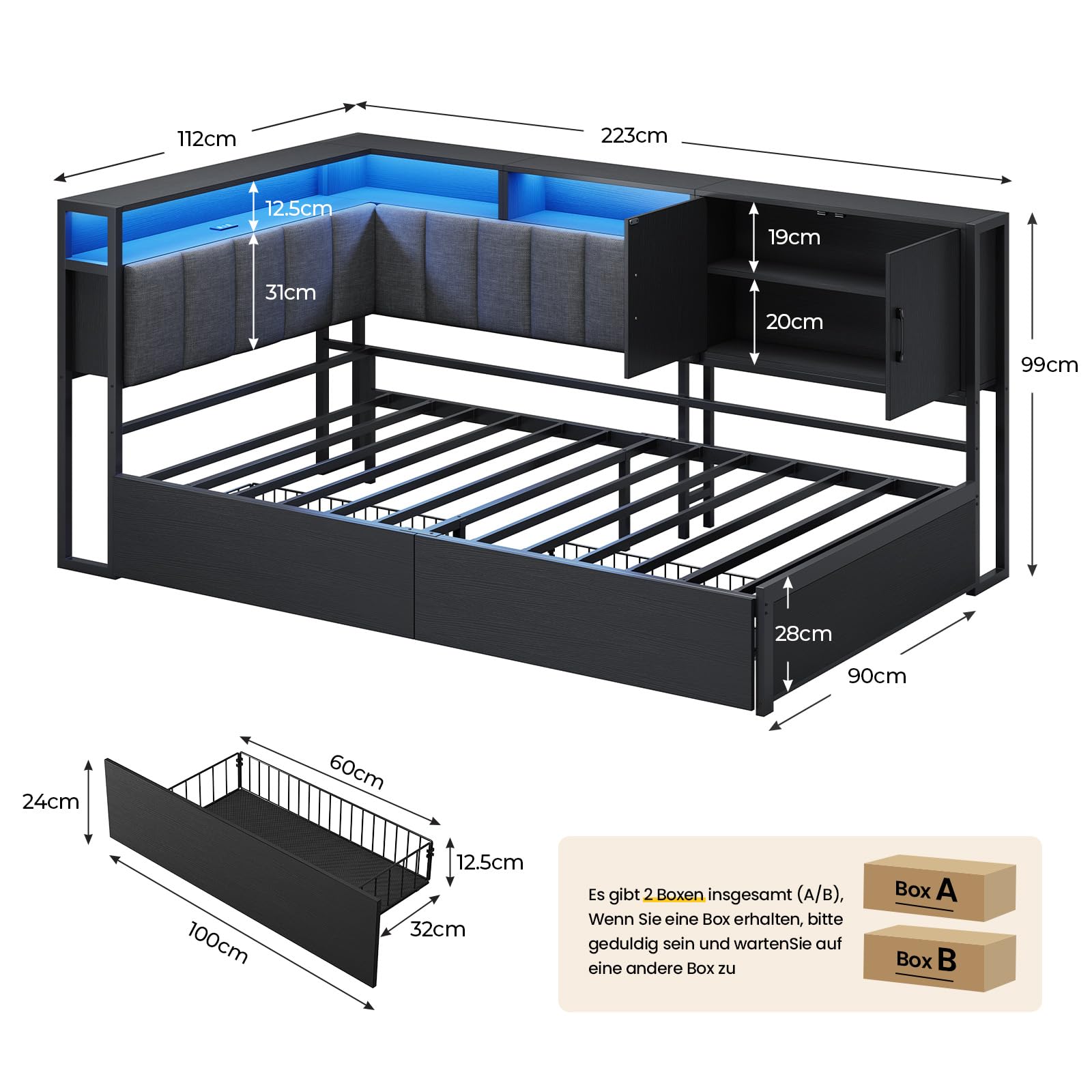 KIMENICH Polsterbett Schlafsofa 90x200 mit LED-Beleuchtung, Ladestation, Tagesbett, Jugendbett mit 2 Schubladen und Lattenrost aus Metall, Kopfteil mit Offenem Regal, Schrank, Schwarz