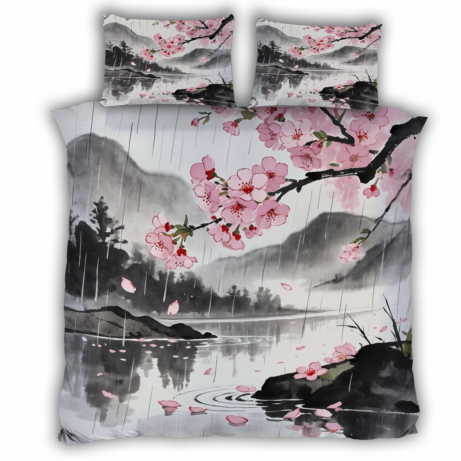 Housse de Couette 220x240 Japon Fleurs de Cerisier Parure de Lit 2 Personnes avec Taies