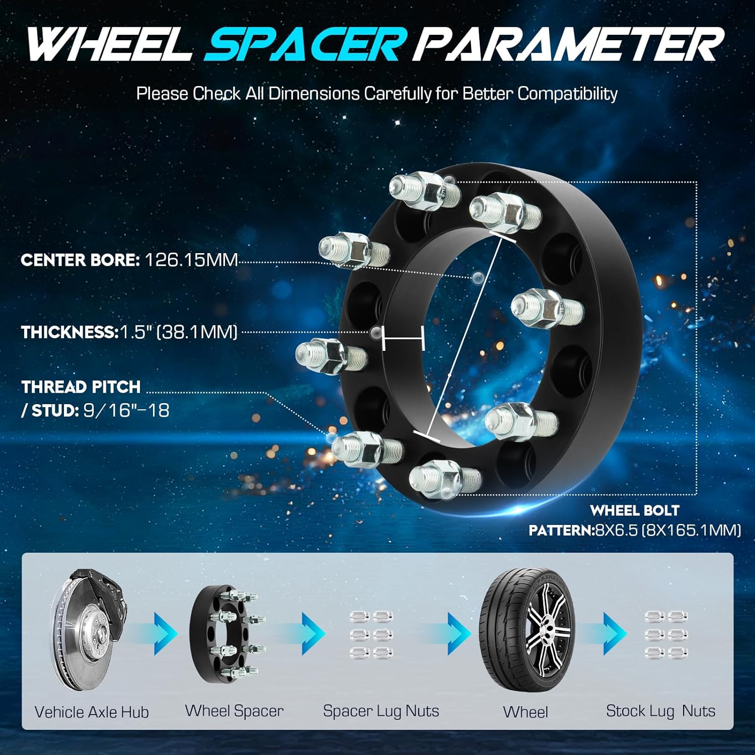 8x6.5 1.5" (38.1mm) Wheel Spacers with 126.15mm Bore, 9/16"-18 Studs for 1967-1974 GMC C/K25 C/K2500 Pickup, 1975-1986 Chevy C30 K20, 1970-1998 Ford F-250 F-350, 8x165.1mm 8 Lugs Wheel Adapters 2pcs