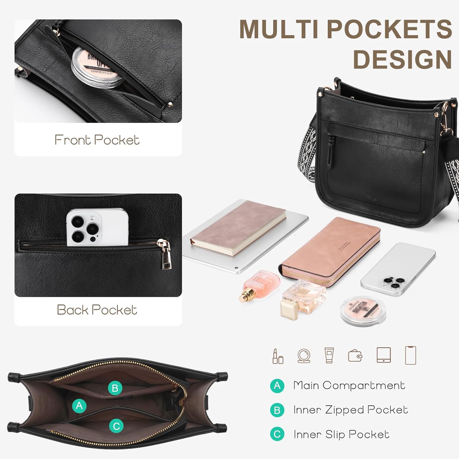 Kasqo Crossbody Bag for Women,Trendy Vegan Leather Handbags Hobo Purse Ladies Shoulder Bags With 2 Adjustable Guitar Strap for Travel Work Daily Black - Image 3