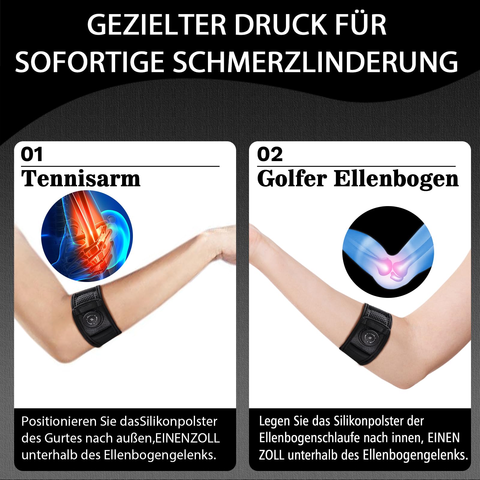 1 Pack Ellenbogenbandage Männer Damen, Einstellbare Tennisarm und Golferarm Bandage für Sports, Sehnenentzündung, Unterarm Schmerzen, Schwarz, Einheitsgröße M/L 23-29 cm