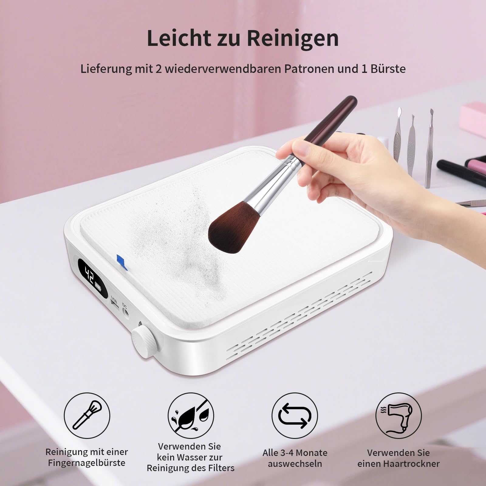 Kabellose Staubabsaugung für Nägel, 56W Nagelstaubsauger Akku mit 2 Filters,Nagelstaubreiniger für Acryl- und Gelnägel, Salon und Zuhause mit 1 Bürste