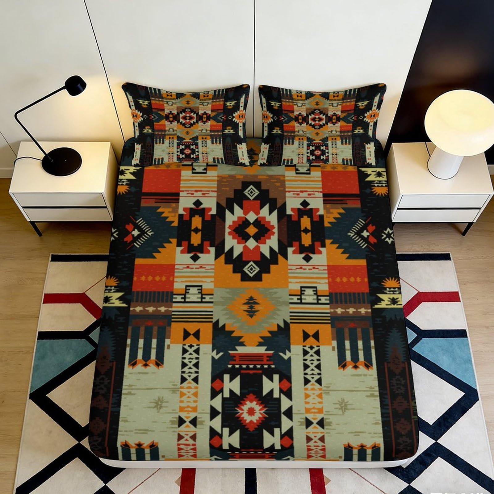 3D Printed Aztec Tribal Fitted Sheet Microfiber Soft Breathable Geometric Ethnic Bed Cover for Bedroom Guest Room Decor 90x200x25cm