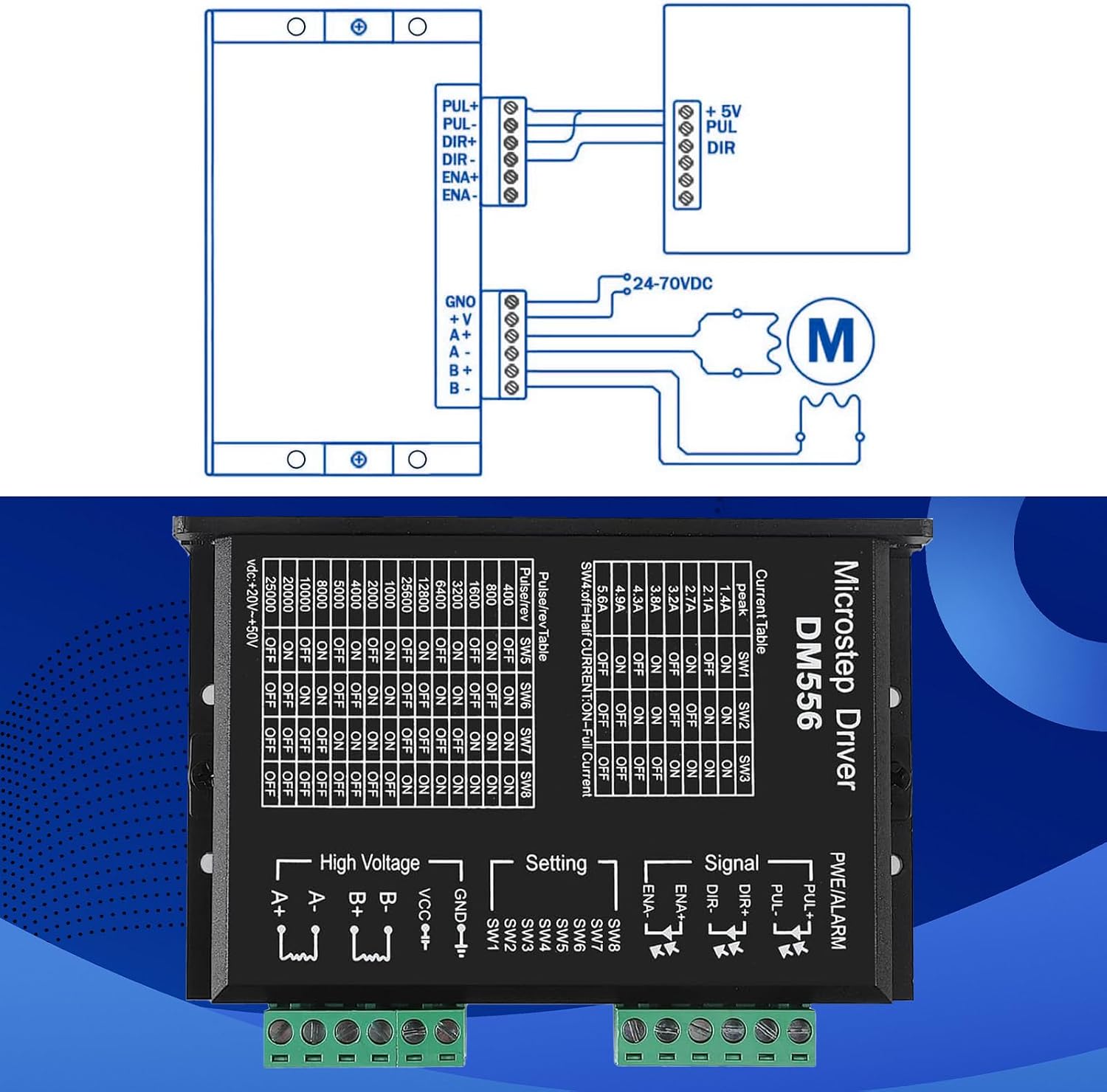 CNC Digital Stepper Motor Driver DM556 Stepper Motor DM556 DC20-50V 5.6A 2-Phase 128 Subdivision for Nema17/23/34/42/57 Stepper Motors