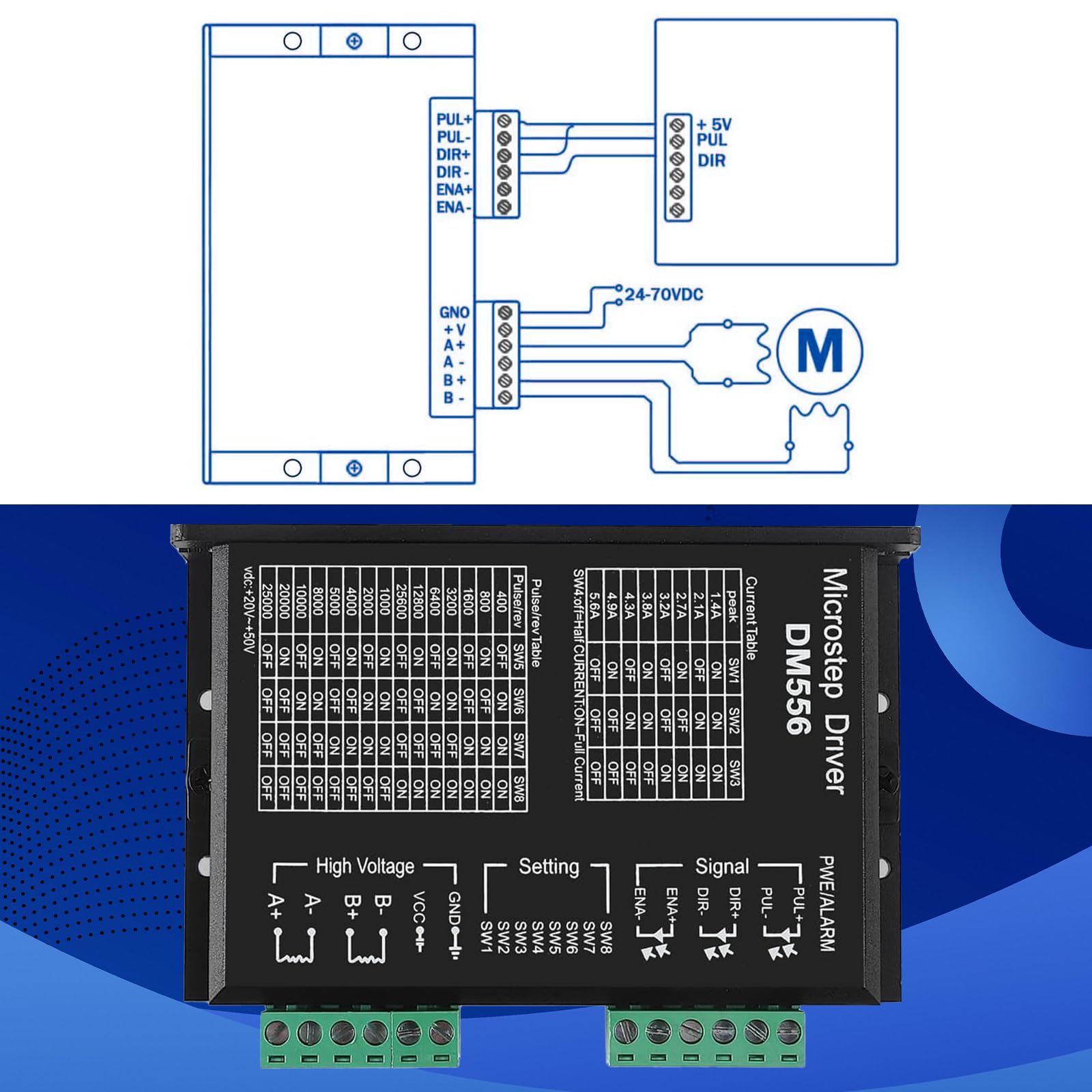 DM556 CNC Stepper Motor Driver Stepper Driver 2-Phase 1.8~5.6A 20-50V DC per Nema 17/23/42,128 Micro-Step Risoluzioni