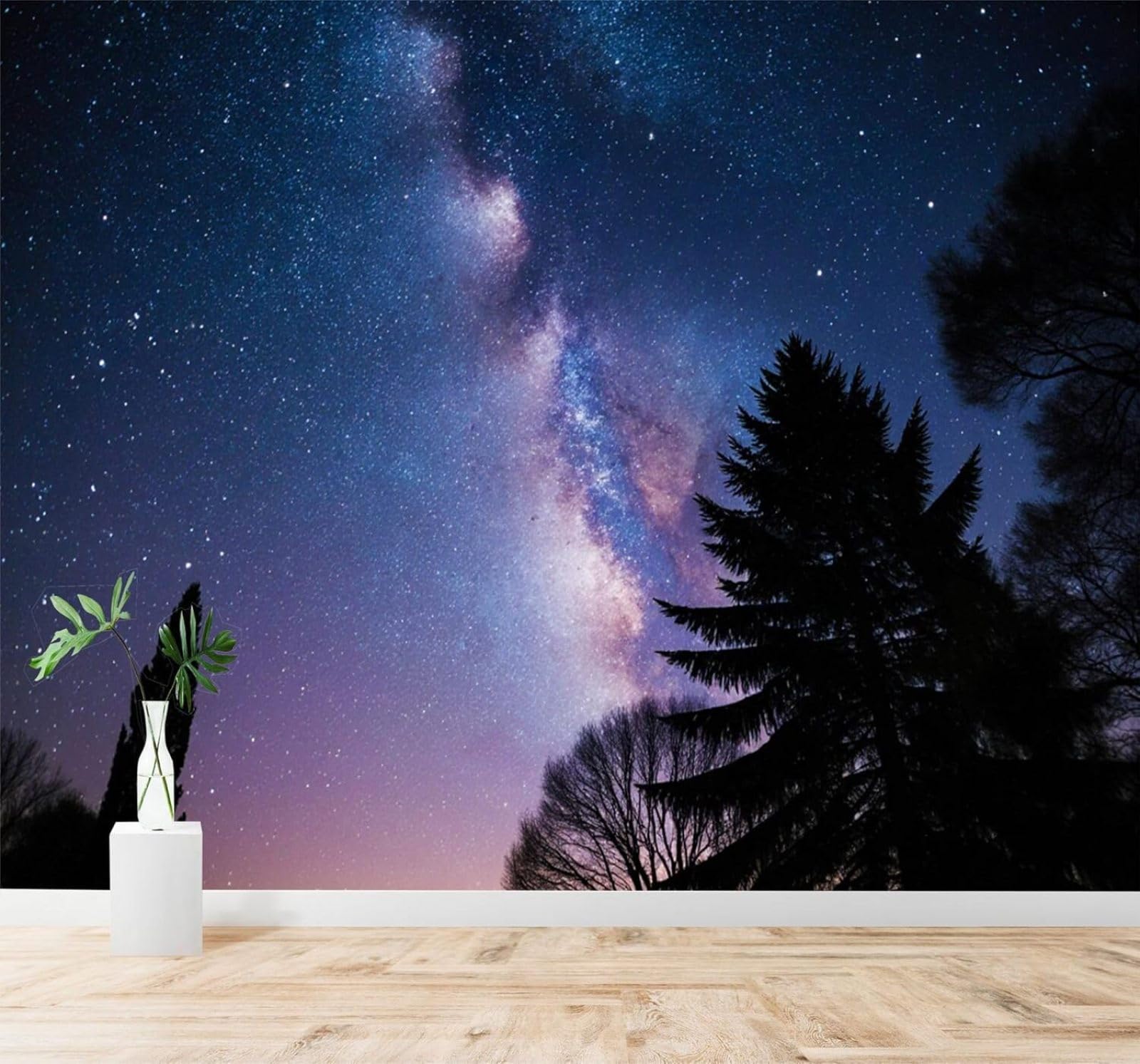 XLMING Blue Universe Pine Trees Starry Sky Stars 3D Wallpaper Silky Texture Home Study Office Grey Dining Room Sofa Bedroom Living Room TV Backdrop-350cm×256cm