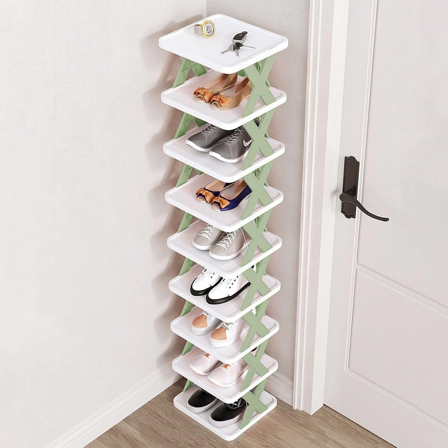 Stackable Tall Shoe Rack Freestanding Storage Shelf Organizer for Spaces Easy Assembly No Tools Required Versatile Use for Shoes and Decor Space-saving Design in Light Green