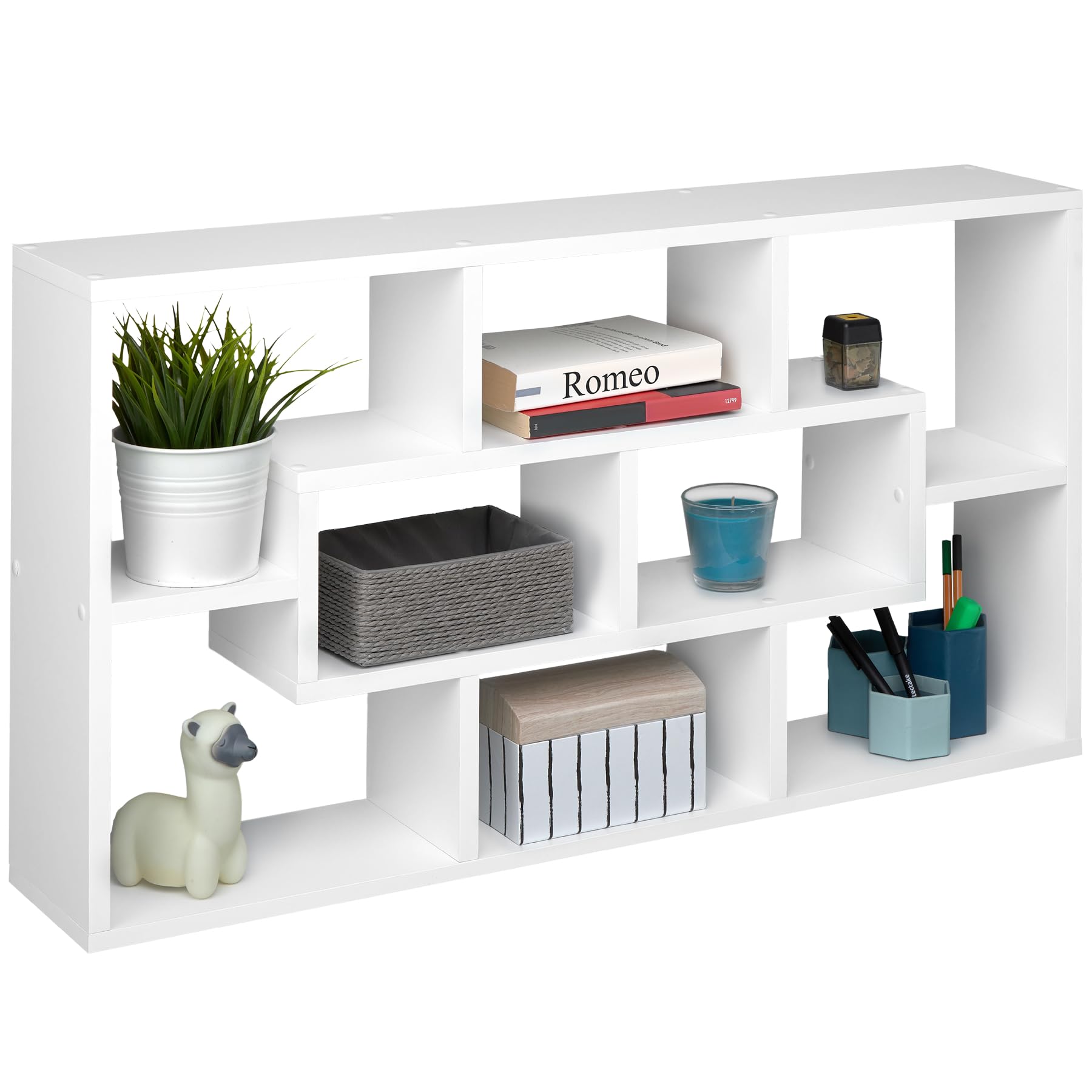 tectake® Bookcase with Open-Shelf Design & 8 Compartments, Sturdy & Wall-Mountable Cube Storage Unit with Easy Setup, Floating Shelf for Living Room, Bedroom, Hallway, 85 x 16 x 48 cm - White