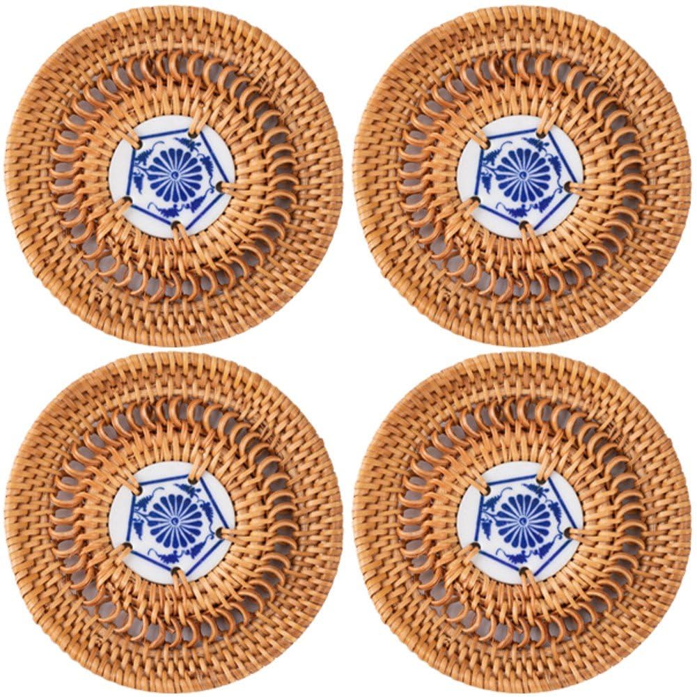Dessous de verre en rotin et tapis de tasse de thé isolants pour table de cuisine en bois