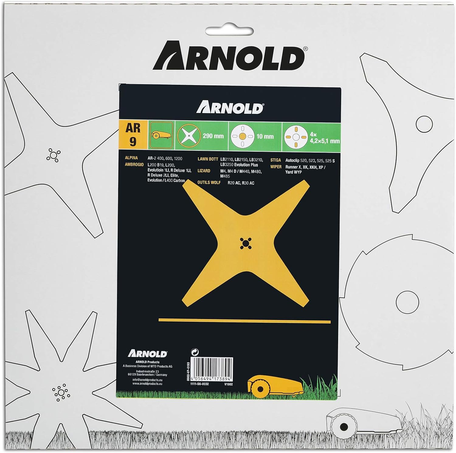 ARNOLD Mähklinge passend für und Mähroboter, Schneiden AR9 mowing blade suitable for Alpina, Ambrogio, Lawn Bott, Lizard, Stiga and Wiper robot, 290 mm / 4 cutting/straight 1111-S6-0032, Grey