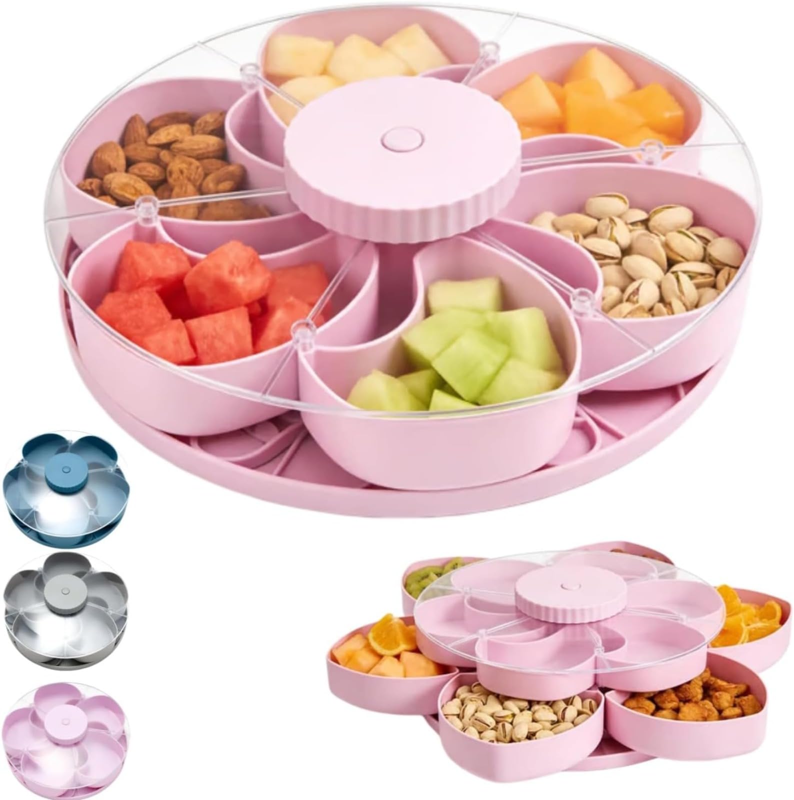 Divided Spin & Snack Serving Tray,5 Compartment Rotating Party Platter, Rotating Snack Box Container with Lid,Covered Snack Storage for Chips Nuts Dips Veggies,for Kitchen,Travel and Picnic