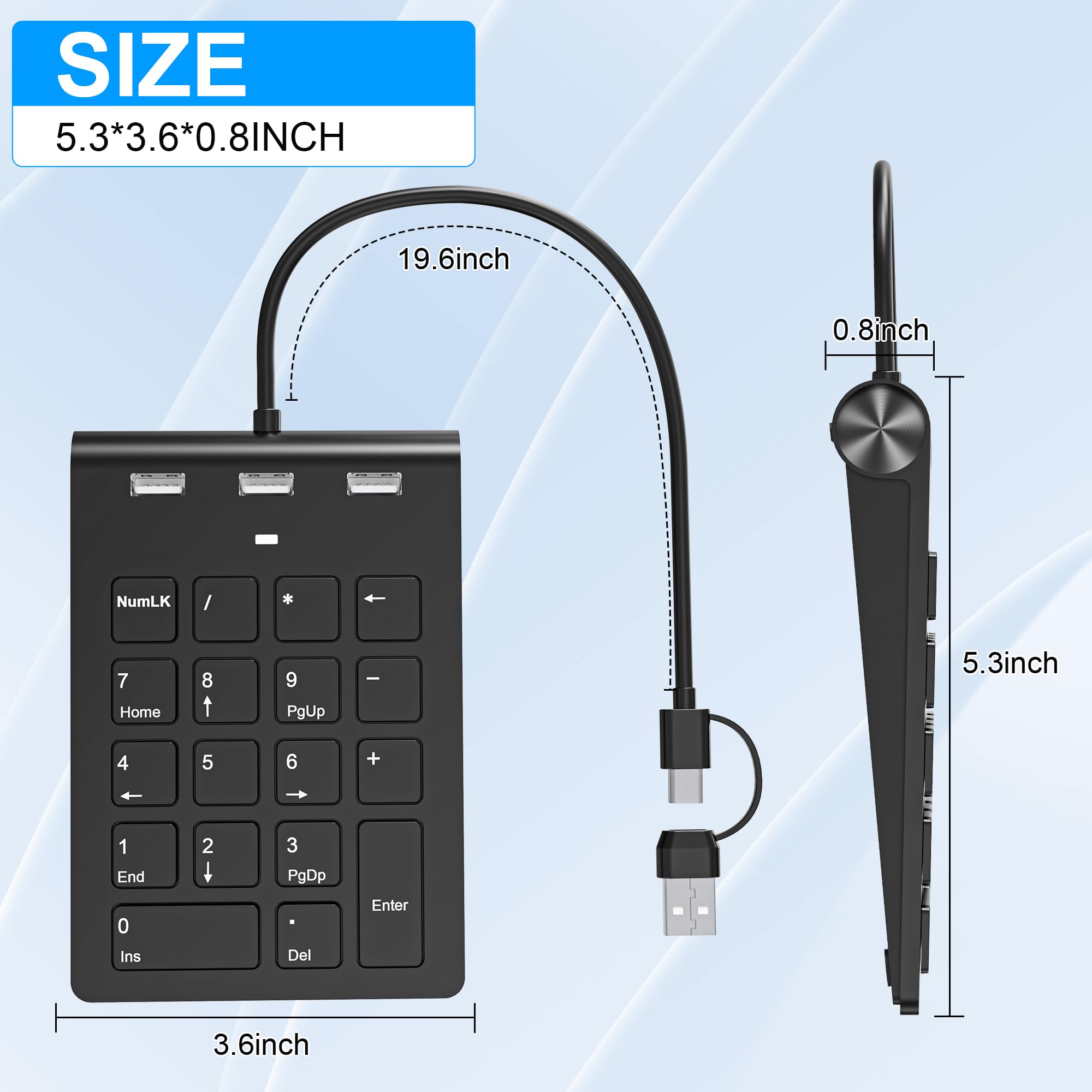 Teclado Numérico con Cable, USB A/USB C Ultradelgado 18 Teclas Mini Teclado Numpad Portátil Ergonómico con 3 USB 2.0 Puertos, Oficina Cálculo Extensiones de Teclado para Computadora Portátil, PC