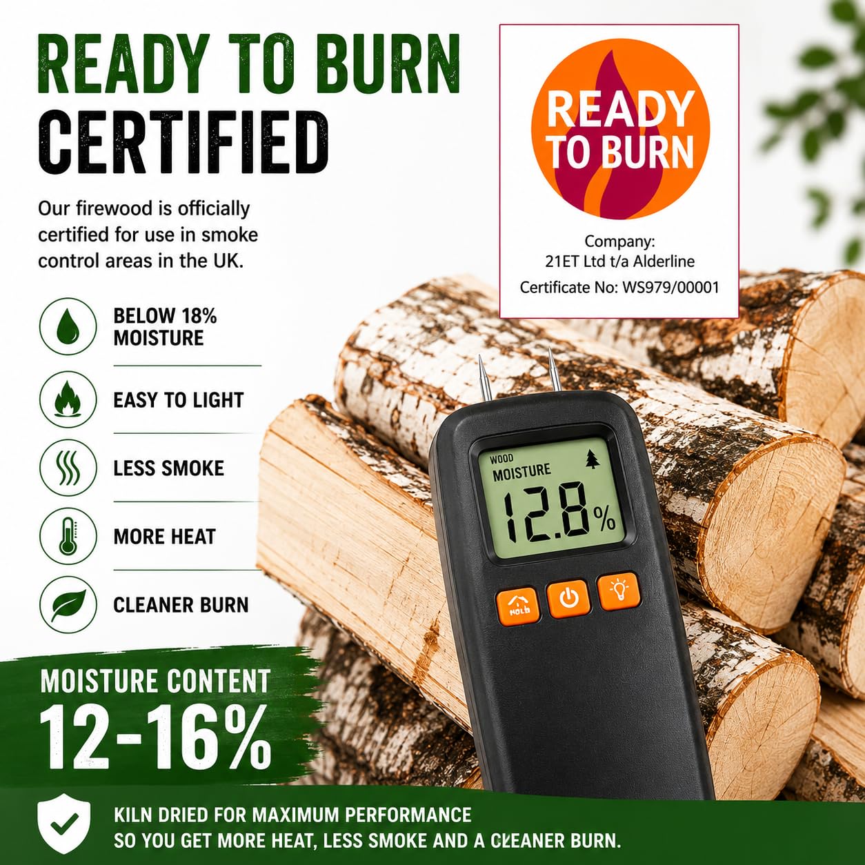 Alderline Premium Kiln-Dried Birch Hardwood Logs 20kg - Ready to Burn firewood - Smokeless fire logs for wood burners Stoves, Fire Pits - Image 2