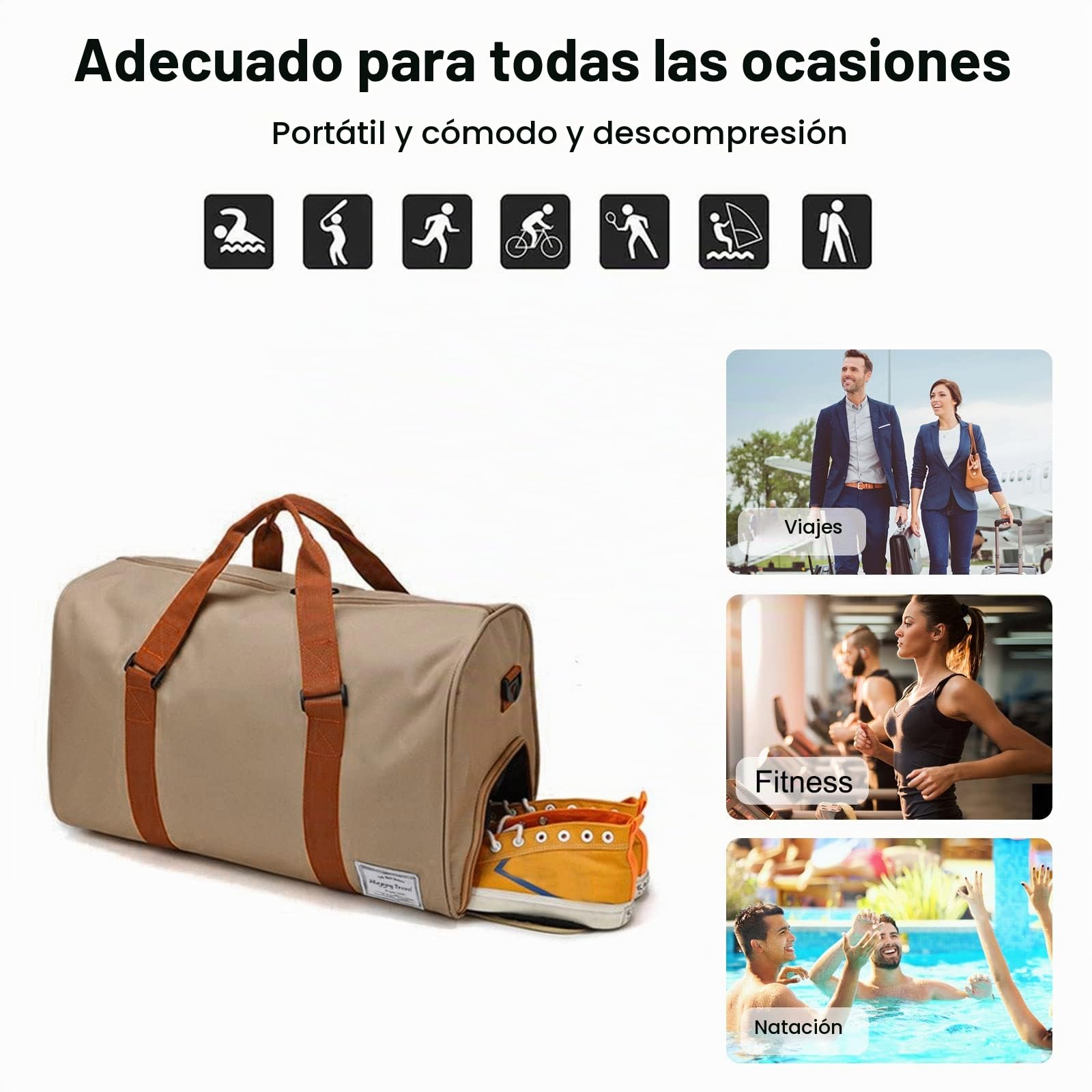 FANDARE Bolsa de Viaje Gran Capacidad Bolsa Deportivas de Gimnasio Mujer Hombre Bolsa de Fin de Semana Bolso Senderismo Maleta de manomochila de Viaje con Bolsillo húmedo y Zapato Compartimento Caqui