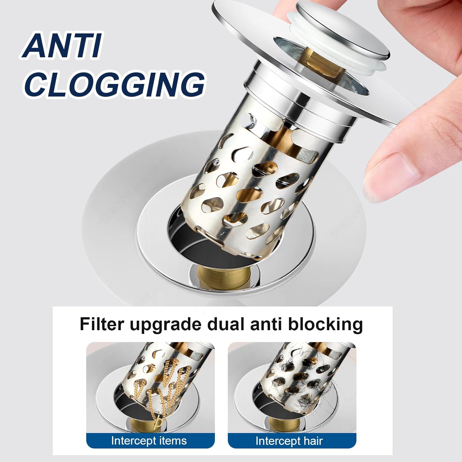 Bathroom Sink Drain Strainer, Universal Pop Up Stopper with Removable Stainless Steel Hair Catcher Basket