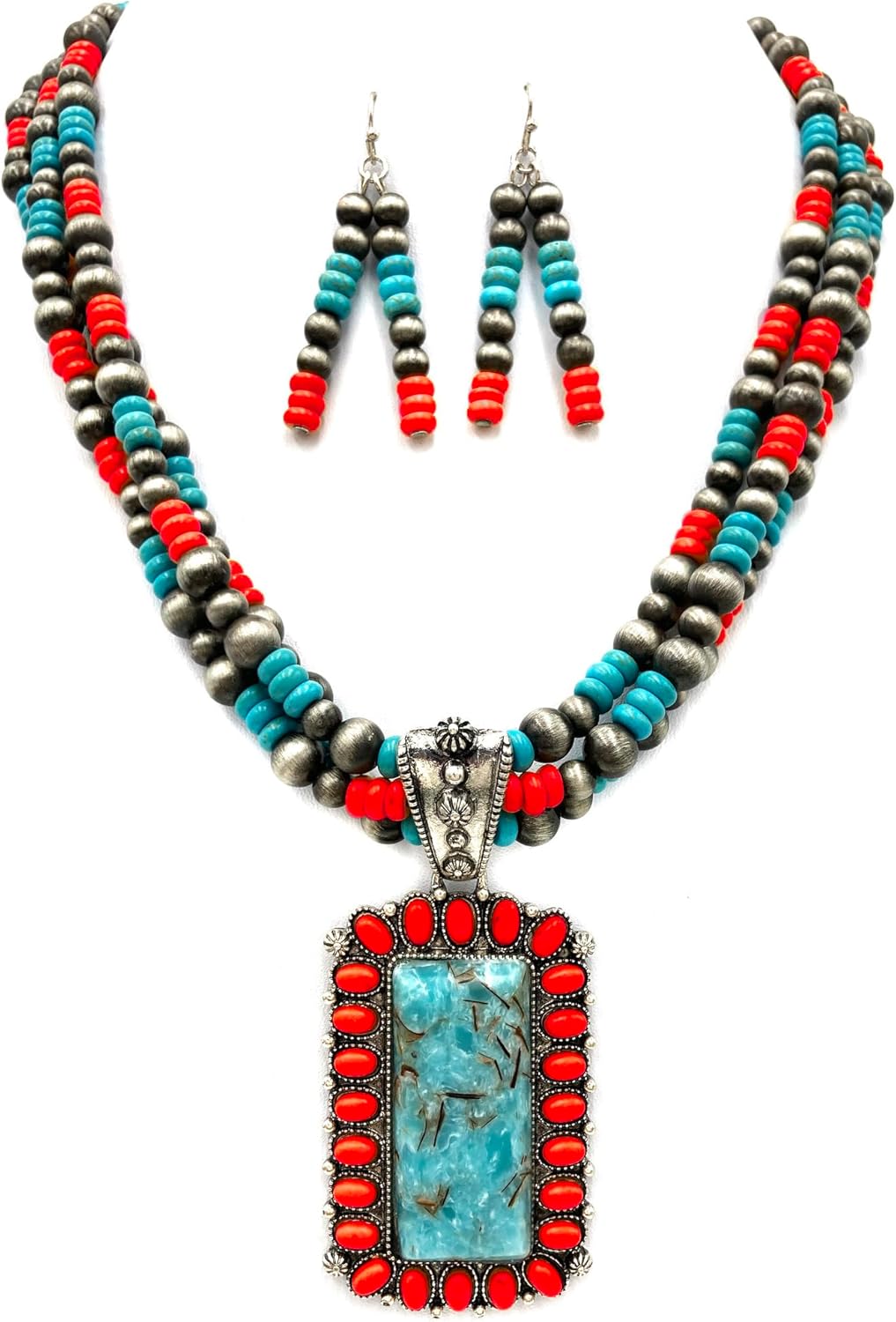 Rio Grande Western Turquoise Stone Pendant Beaded Necklace with Earrings